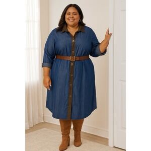 Soft Surroundings Urbina Tencel Chambray Denim Shirt Dress Faux Suede Trim Sz 2X